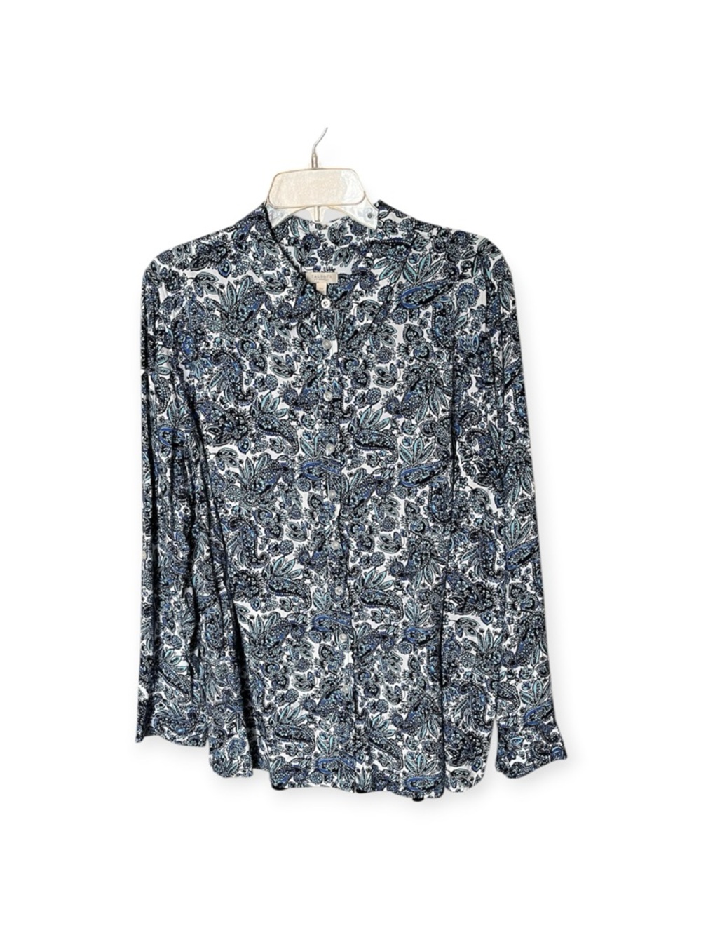 Talbots Woman Blue Paisley Print Roll Tab Sleeve Button Front Top Shirt Size 2X